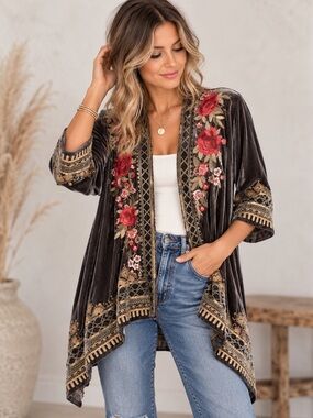 Johnny Was Los Angeles Silk Velvet Embroidered Kimono size small